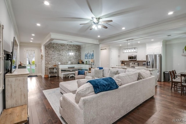 13782 Highland Pointe Dr, Northport, AL 35475 - living room with a ceiling fan, crown molding, dark wood finished floors, and recessed lighting