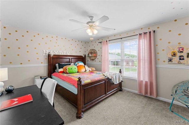 bedroom featuring wallpapered walls, a ceiling fan, light colored carpet, and baseboards