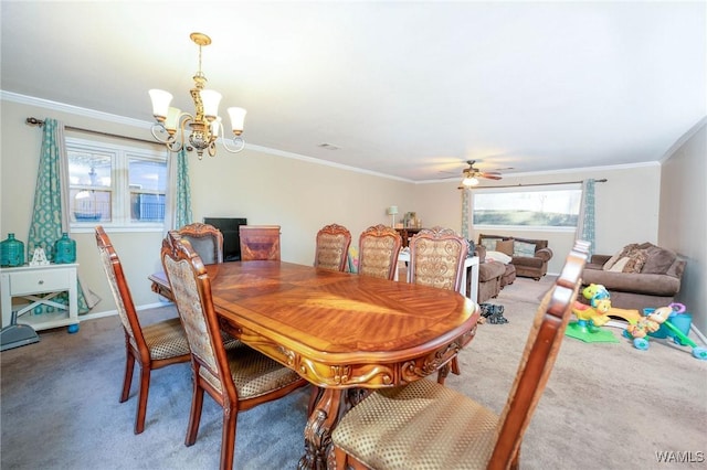 dining area featuring ceiling fan with notable chandelier, ornamental molding, and carpet floors