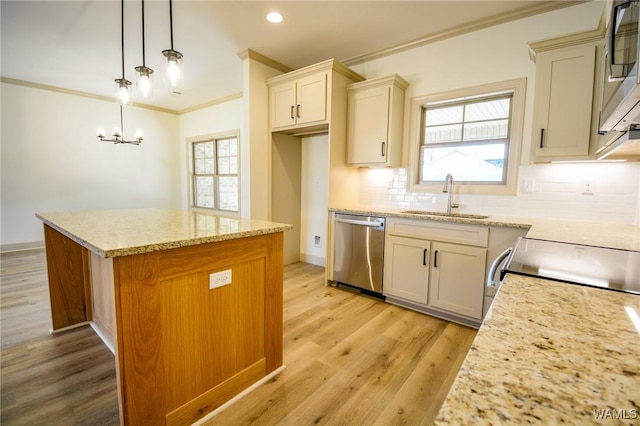 kitchen with crown molding, tasteful backsplash, stainless steel dishwasher, a kitchen island, and a sink