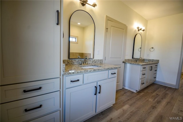 bathroom with baseboards, two vanities, a sink, and wood finished floors