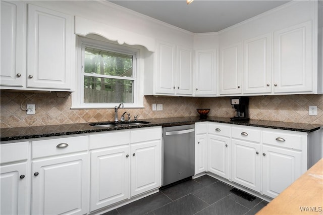 5324 Northwood Lake Dr W, Northport, AL 35473 - kitchen featuring stainless steel dishwasher, white cabinetry, dark tile patterned flooring, backsplash, and dark stone countertops