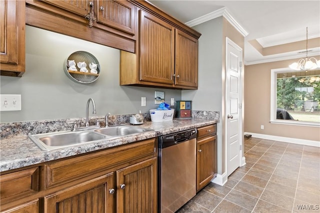 kitchen with sink, dishwasher, a notable chandelier, ornamental molding, and decorative light fixtures