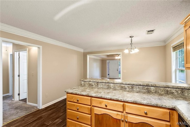7714 Thompsons Way, Northport, AL 35473 - kitchen with ornamental molding, a textured ceiling, dark wood-type flooring, a chandelier, and light countertops