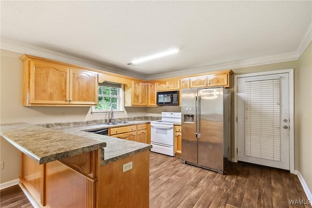 7714 Thompsons Way, Northport, AL 35473 - kitchen with white range with electric cooktop, stainless steel fridge with ice dispenser, black microwave, a peninsula, and ornamental molding