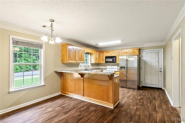 7714 Thompsons Way, Northport, AL 35473 - kitchen with black microwave, stainless steel refrigerator with ice dispenser, white electric range, a textured ceiling, and ornamental molding