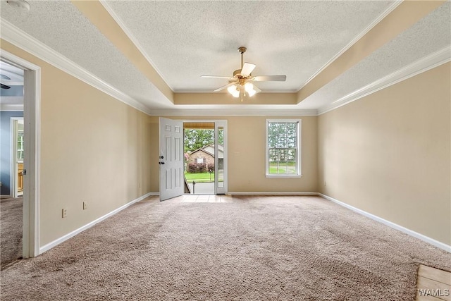 7714 Thompsons Way, Northport, AL 35473 - spare room with light carpet, a raised ceiling, a textured ceiling, a ceiling fan, and ornamental molding