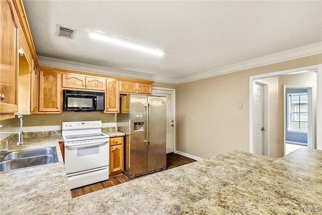 7714 Thompsons Way, Northport, AL 35473 - kitchen with black microwave, white electric stove, stainless steel refrigerator with ice dispenser, ornamental molding, and dark wood finished floors