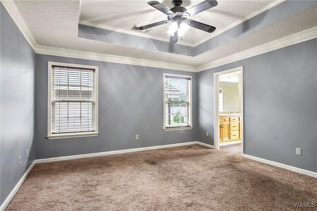 7714 Thompsons Way, Northport, AL 35473 - spare room with carpet, a tray ceiling, ornamental molding, a ceiling fan, and a textured ceiling