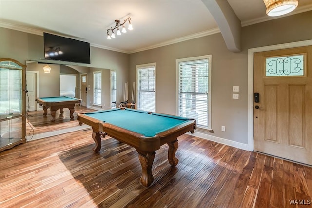 10998 Sleepy Valley Rd, Northport, AL 35475 - recreation room featuring pool table, wood finished floors, crown molding, and baseboards