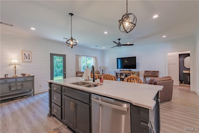16471 Chase Cir, Ralph, AL 35480 - kitchen featuring dishwasher, a sink, open floor plan, light wood-style flooring, and ceiling fan