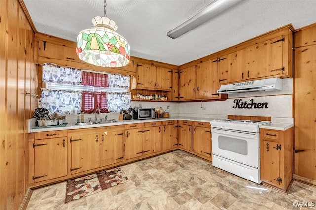 kitchen featuring decorative backsplash, a textured ceiling, sink, white electric range, and hanging light fixtures