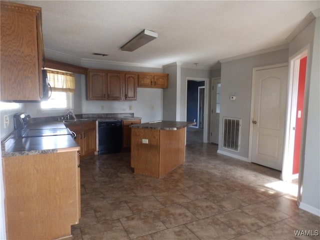 kitchen with a center island, ornamental molding, sink, black dishwasher, and stove