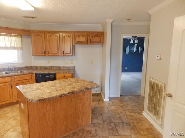 kitchen featuring visible vents, brown cabinetry, a kitchen island, a sink, and dishwasher