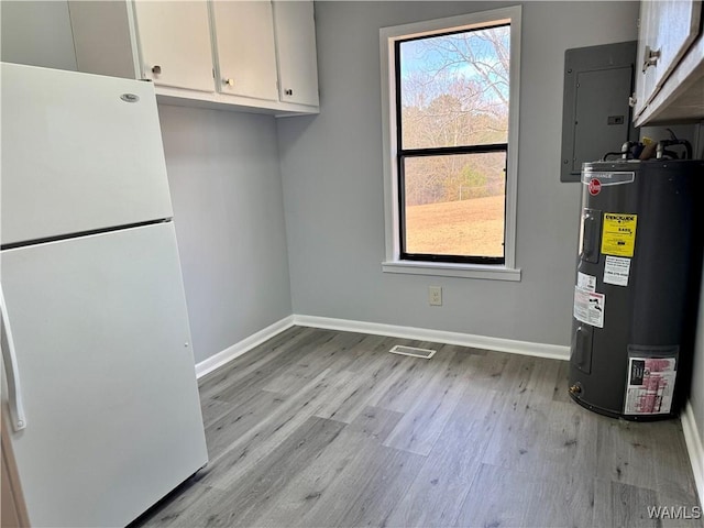 interior space with electric water heater and electric panel