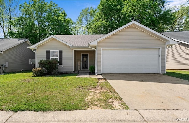 ranch-style home with a garage, a front yard, driveway, and a shingled roof
