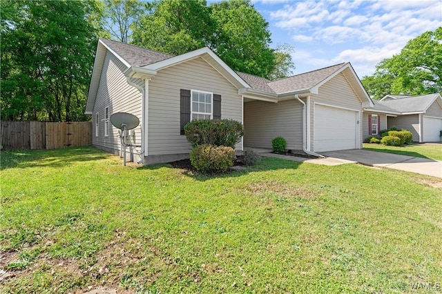 ranch-style home with driveway, a front lawn, a garage, fence, and a shingled roof
