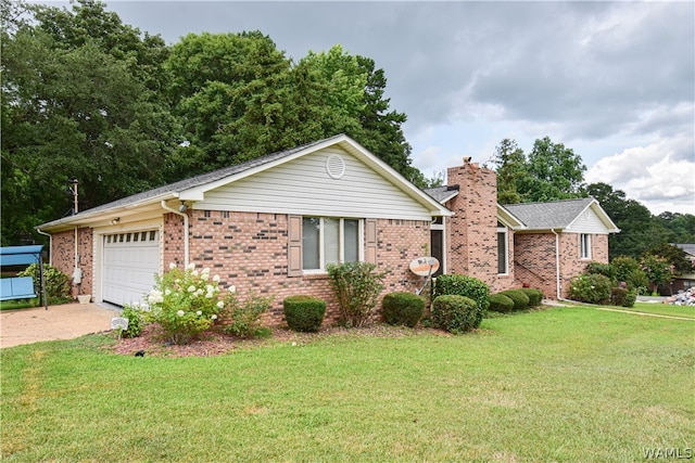 ranch-style home with a garage and a front yard