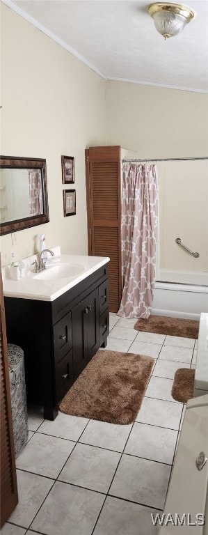 bathroom featuring shower / bath combination with curtain, tile patterned floors, vanity, and crown molding