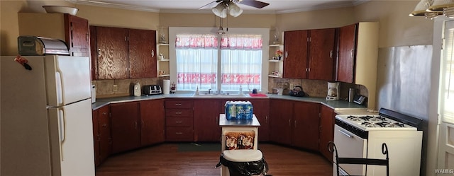 kitchen with tasteful backsplash, white appliances, ornamental molding, and dark hardwood / wood-style flooring