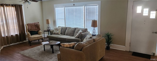 living room featuring ceiling fan and dark hardwood / wood-style floors