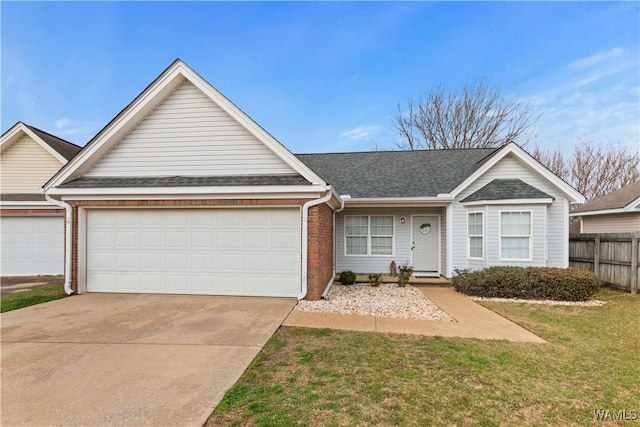 single story home featuring brick siding, a shingled roof, fence, concrete driveway, and an attached garage