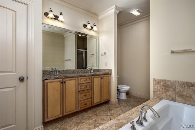 full bathroom featuring plus walk in shower, tile patterned flooring, toilet, vanity, and crown molding