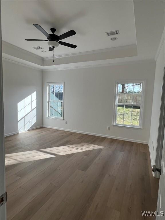 empty room featuring wood-type flooring, a tray ceiling, crown molding, and a wealth of natural light