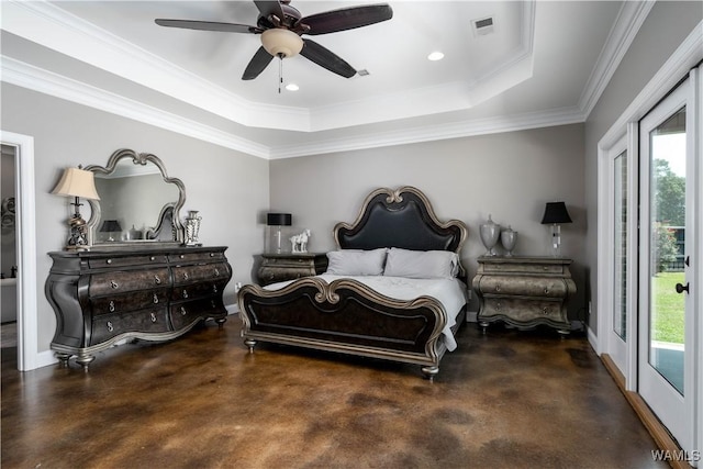 12030 Orlea Ln, Northport, AL 35475 - bedroom featuring concrete flooring, a tray ceiling, ornamental molding, ceiling fan, and recessed lighting
