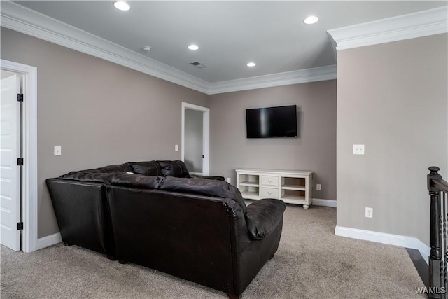 12030 Orlea Ln, Northport, AL 35475 - living area with light colored carpet, ornamental molding, baseboards, and recessed lighting