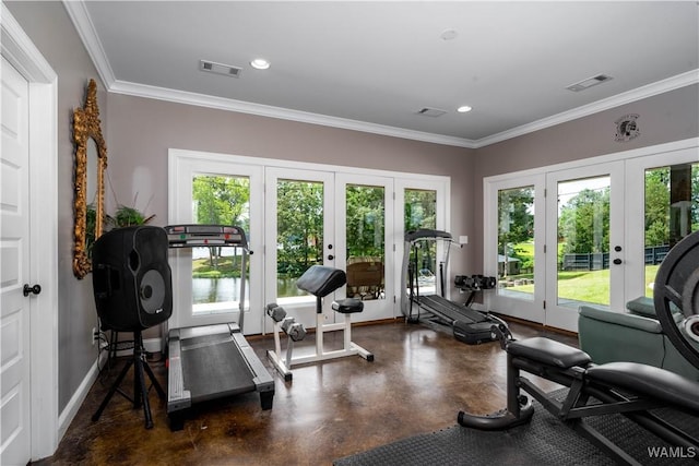 12030 Orlea Ln, Northport, AL 35475 - workout area with french doors, plenty of natural light, baseboards, ornamental molding, and recessed lighting