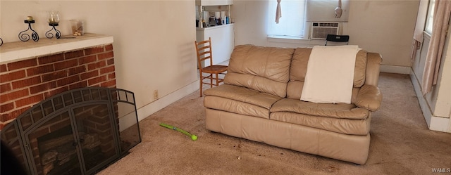 carpeted living room featuring cooling unit