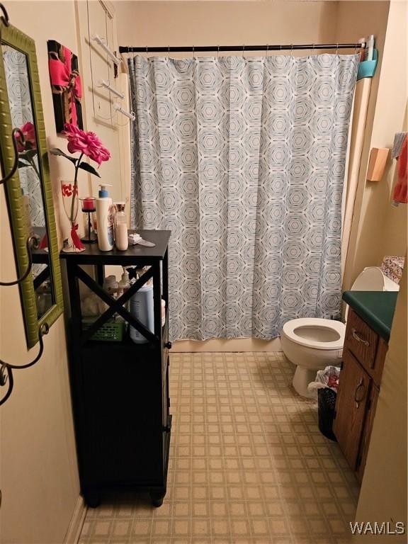 bathroom featuring vanity, curtained shower, and toilet