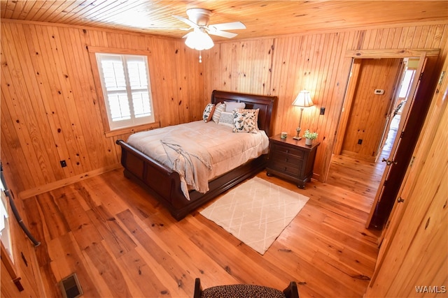 bedroom featuring ceiling fan, wood walls, light wood-type flooring, and wooden ceiling