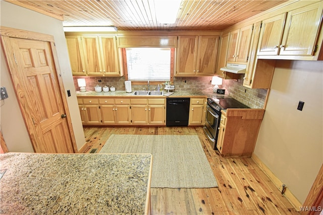 kitchen with wood ceiling, sink, electric range, light hardwood / wood-style flooring, and black dishwasher