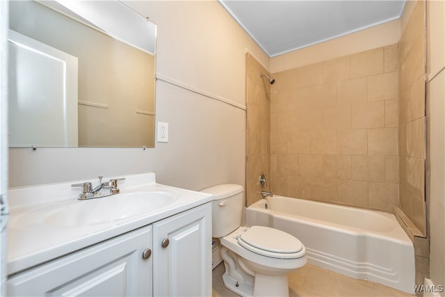 full bathroom with tile patterned flooring, vanity, tiled shower / bath combo, and toilet