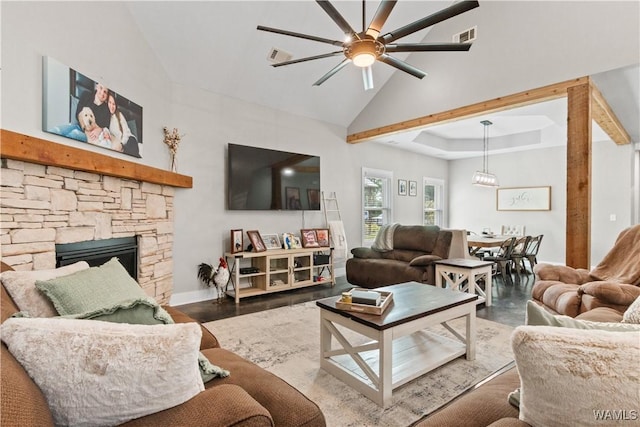 12625 Northside Rd, Northport, AL 35475 - living area featuring a ceiling fan, vaulted ceiling, and a fireplace