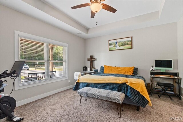 12625 Northside Rd, Northport, AL 35475 - bedroom featuring carpet floors, baseboards, a tray ceiling, and a ceiling fan