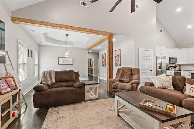 12625 Northside Rd, Northport, AL 35475 - living area with baseboards, ceiling fan, high vaulted ceiling, and recessed lighting