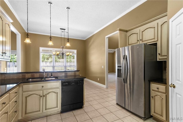 kitchen featuring dishwasher, crown molding, stainless steel fridge, and a sink