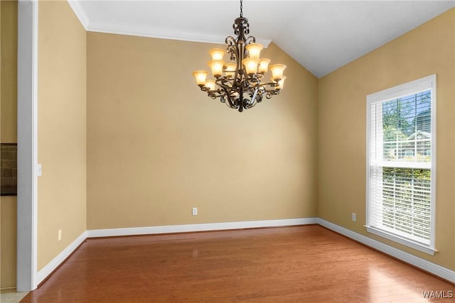 unfurnished room with a chandelier, baseboards, lofted ceiling, and light wood-style floors