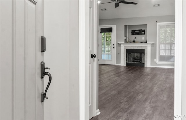 interior space with dark hardwood / wood-style floors, ceiling fan, a wealth of natural light, and a tiled fireplace