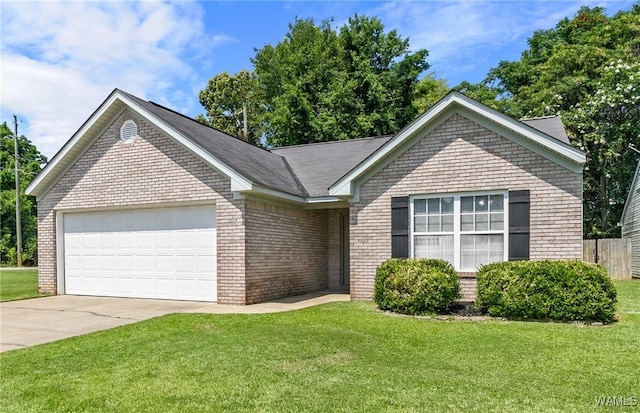 single story home with concrete driveway, a front lawn, an attached garage, and brick siding