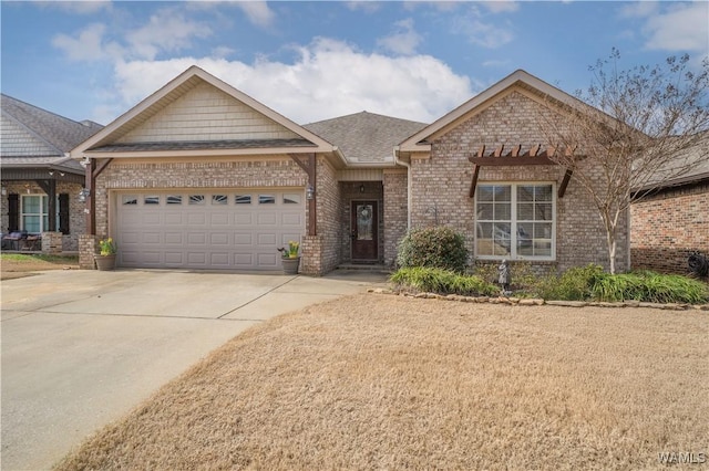 view of front of property with brick siding, an attached garage, driveway, and roof with shingles