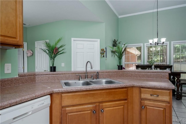 6650 Flatwoods Rd, Northport, AL 35473 - kitchen featuring white dishwasher, a sink, a chandelier, light tile patterned floors, and hanging light fixtures