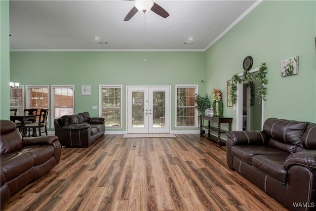 6650 Flatwoods Rd, Northport, AL 35473 - living area with a high ceiling, ceiling fan, wood finished floors, french doors, and ornamental molding