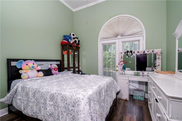 6650 Flatwoods Rd, Northport, AL 35473 - bedroom featuring crown molding, dark wood-style flooring, and attic access