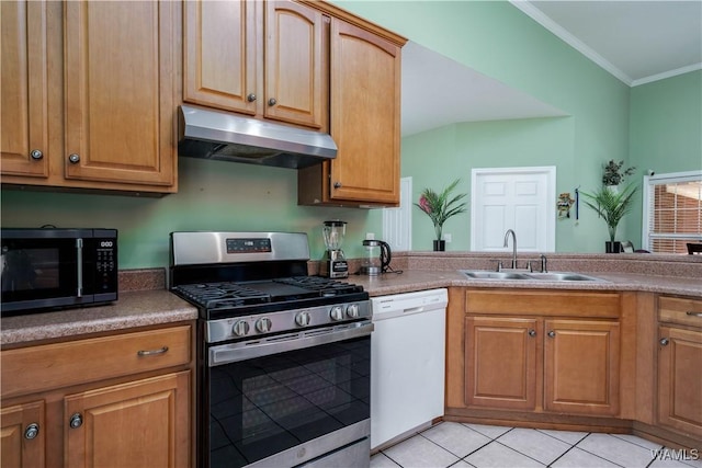 6650 Flatwoods Rd, Northport, AL 35473 - kitchen featuring stainless steel range with gas stovetop, dishwasher, black microwave, under cabinet range hood, and a sink