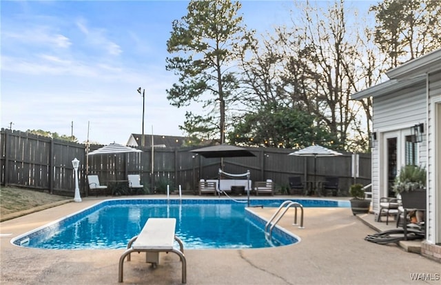 view of swimming pool with a diving board and a patio