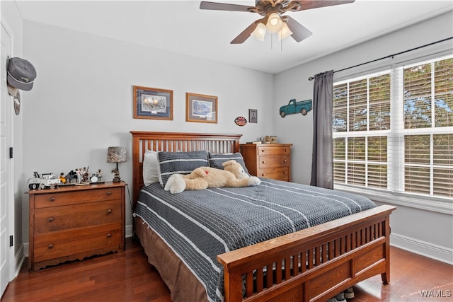 bedroom featuring ceiling fan and dark hardwood / wood-style flooring